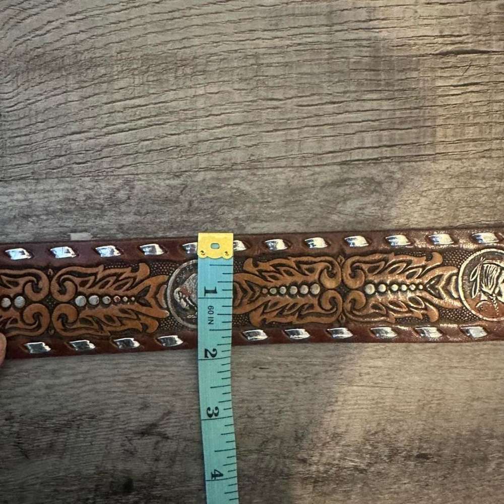 Vintage RARE 1970s Handmade Brown Leather Silver Studded Western Belt 30” - Picture 5 of 7